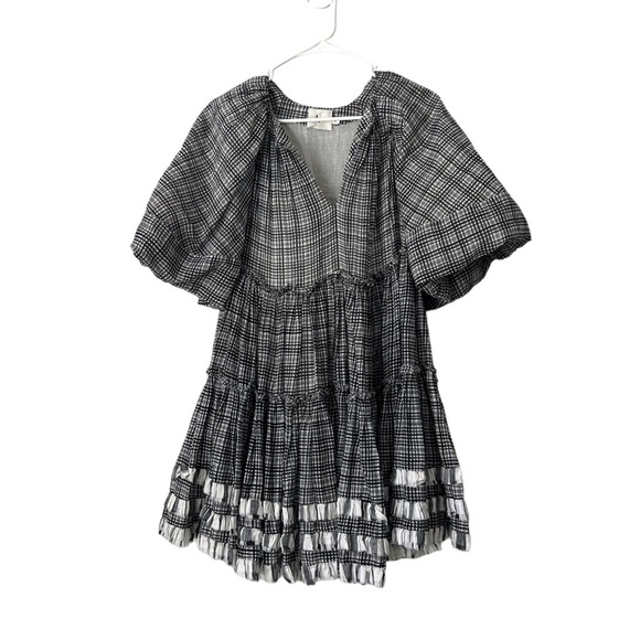 AJE Memento Puff Sleeve Plaid Check Voile Mini Dress in Gray Multi Sz 4 US - Picture 4 of 10